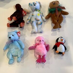 6 TY Beanie Babies Plush 3 Bears Chenille Bird Lil Sleds Penguin Zeus Moose
